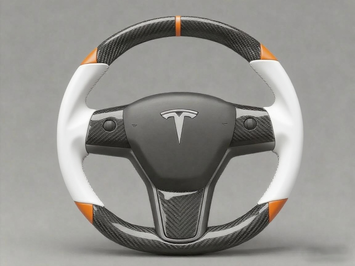 White and orange Carbon Fiber Tesla Model 3 Custom Steering Wheel -DYNA(2017-2023.9) Axeco