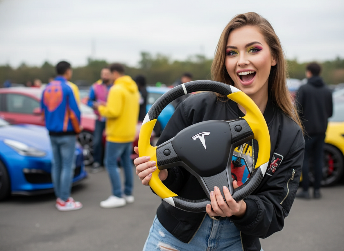Yellow and white Carbon Fiber Tesla Model 3 Custom Steering Wheel -DYNA(2017-2023.9) Axeco