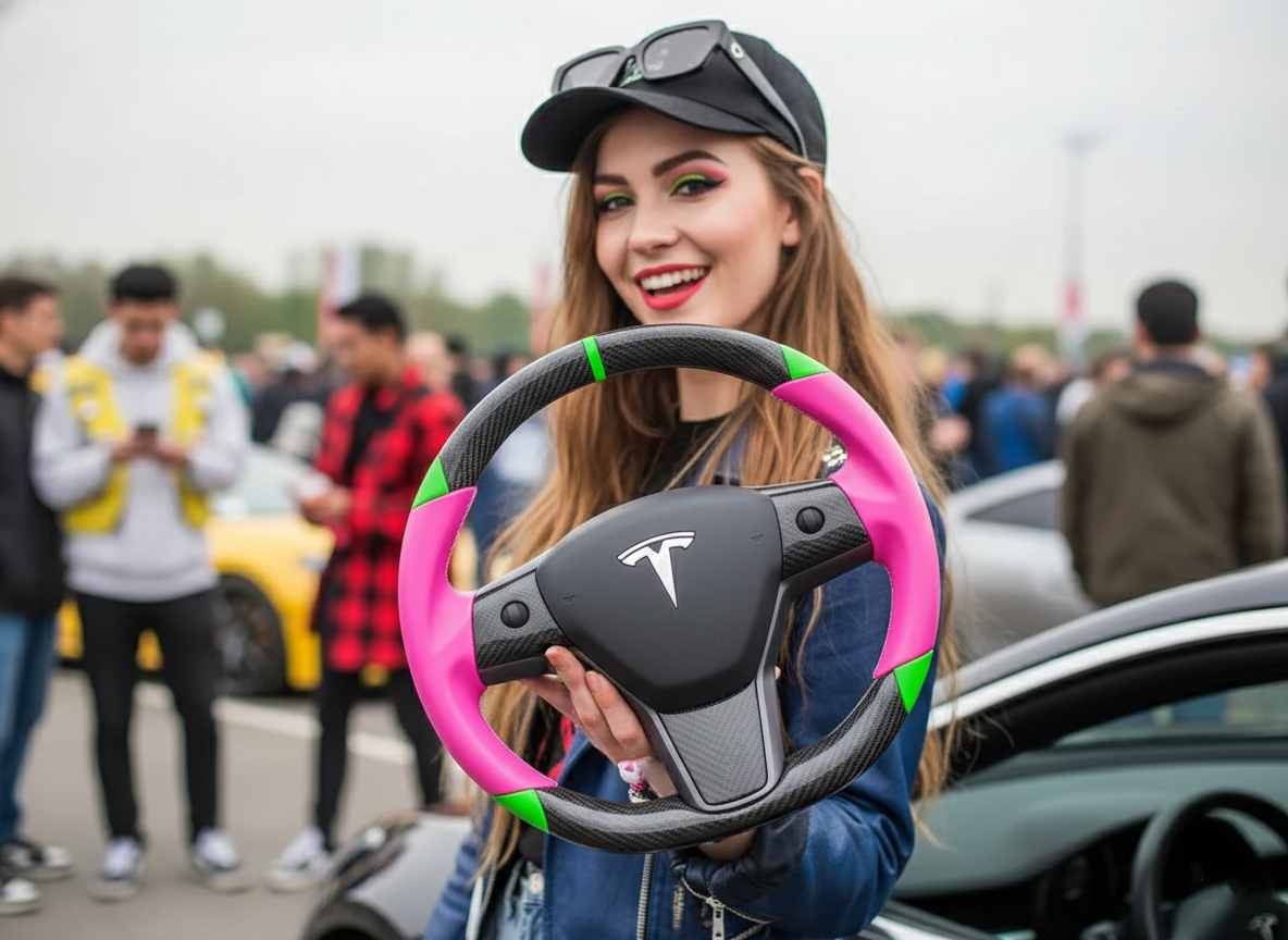 Pink and green leather black carbon fiber Tesla Model Y steering wheel - DYNA (2020-2024) Axeco
