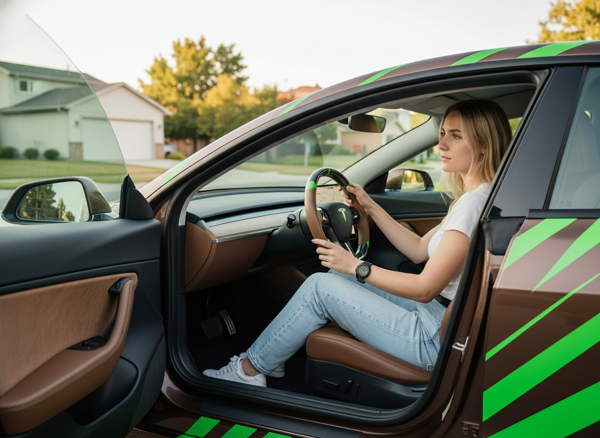 Brown and green leather black carbon fiber Tesla Model Y steering wheel - DYNA (2020-2024) Axeco