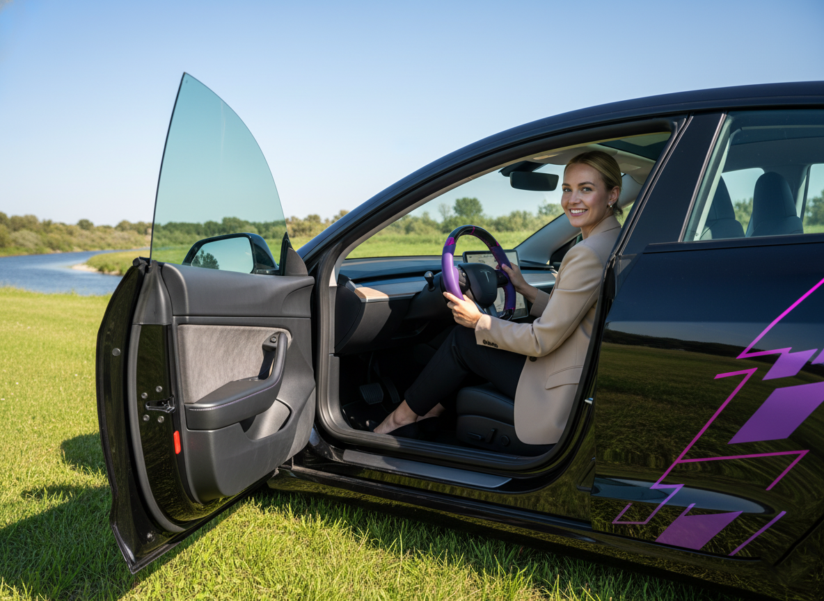 Purple and pink Carbon Fiber Tesla Model 3 Highland Custom Steering Wheel -DYNA(2023.9) Axeco
