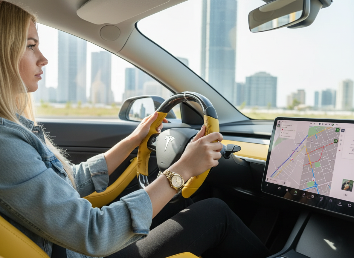 Yellow Leaf Vein Pattern Carbon Fiber Tesla Model Y Steering Wheel - DYNA (2020-2024) Axeco