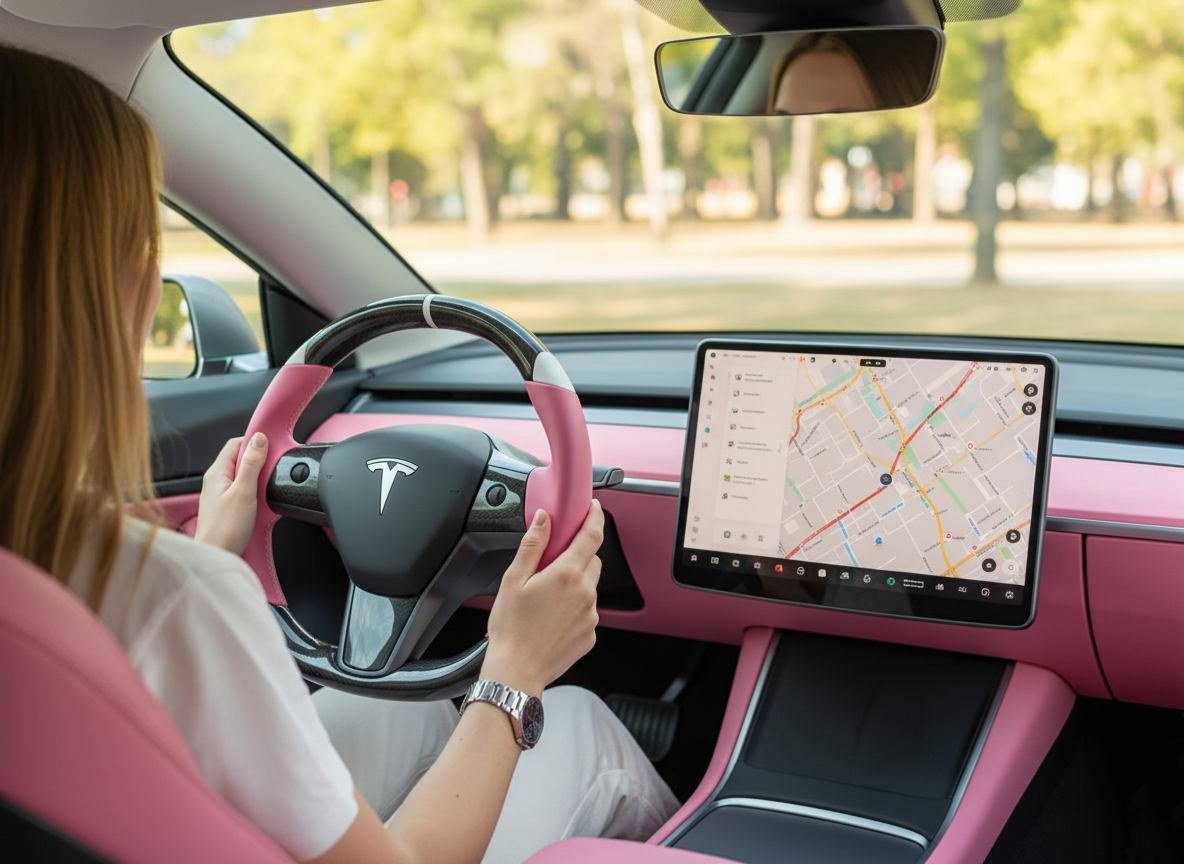 Pink and white Carbon Fiber Tesla Model 3 Custom Steering Wheel -DYNA(2017-2023.9) Axeco