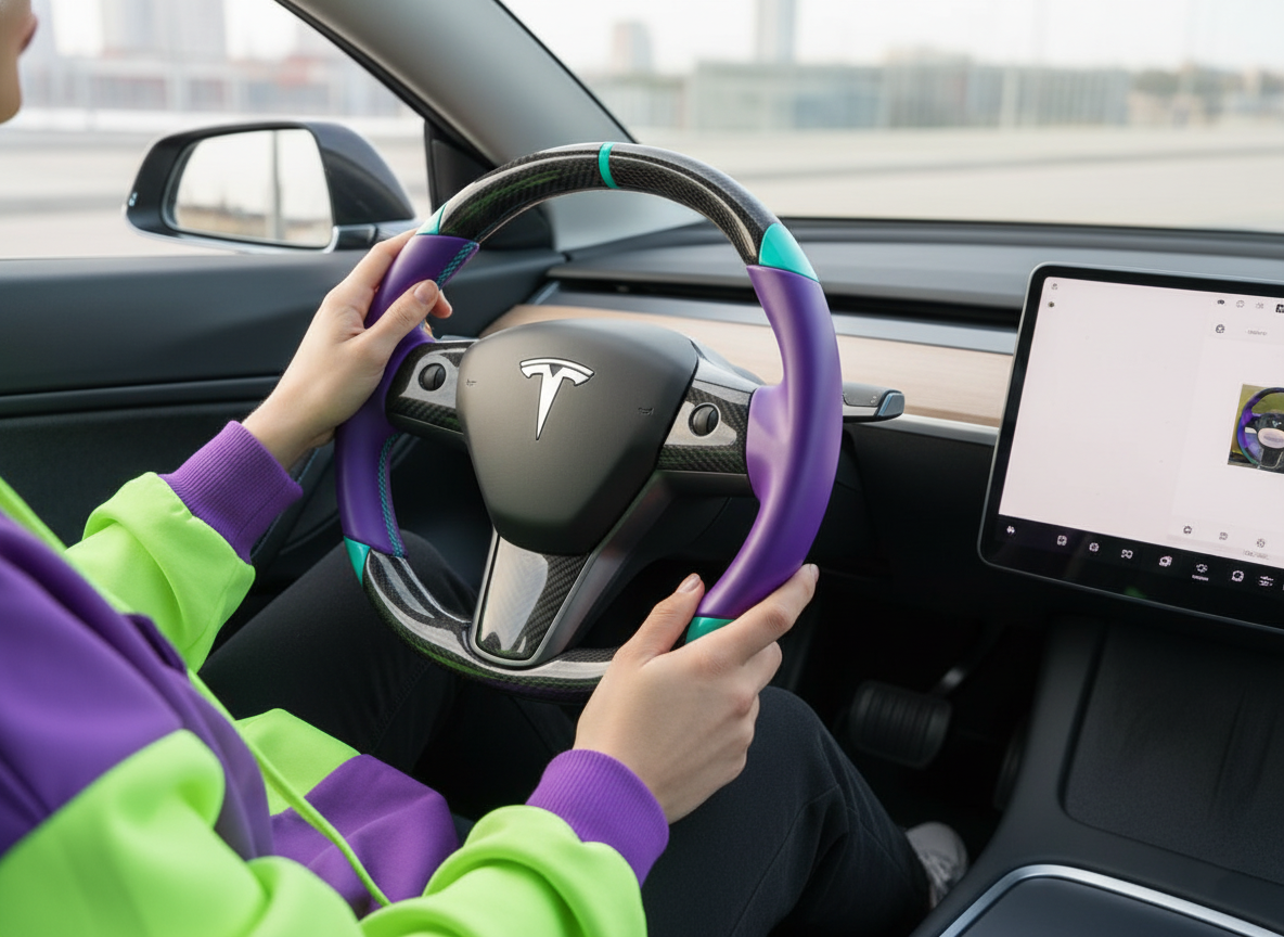 Purple and light blue leather black carbon fiber Tesla Model Y steering wheel - DYNA (2020-2024) Axeco