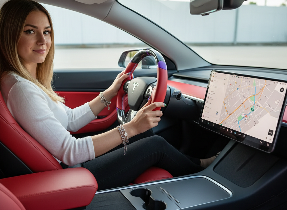 Red and purple leather black carbon fiber Tesla Model Y steering wheel - DYNA (2020-2024) Axeco