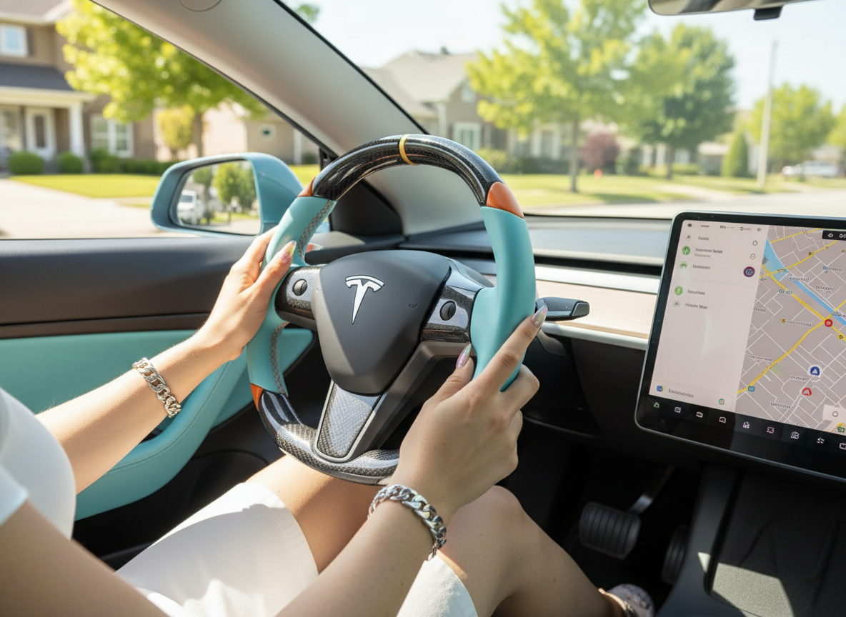 Light blue and orange Carbon Fiber Tesla Model 3 Steering Wheel -DYNA(2017-2023.9) Axeco