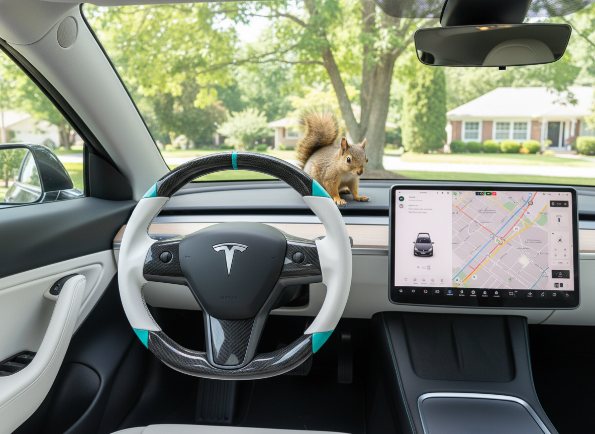 White and light blue leather black carbon fiber Tesla Model Y steering wheel - DYNA (2020-2024) Axeco