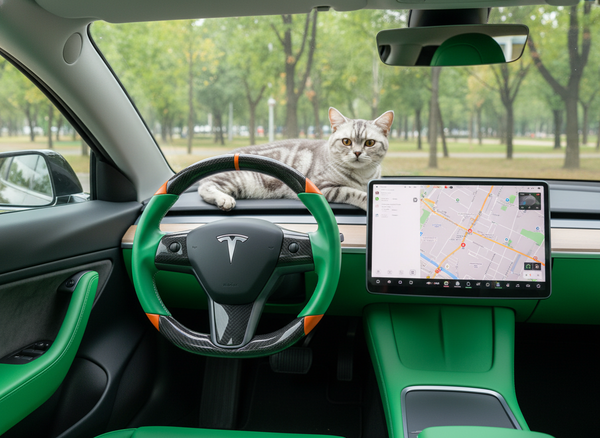 Green and orange Carbon Fiber Tesla Model 3 Custom Steering Wheel -DYNA(2017-2023.9) Axeco