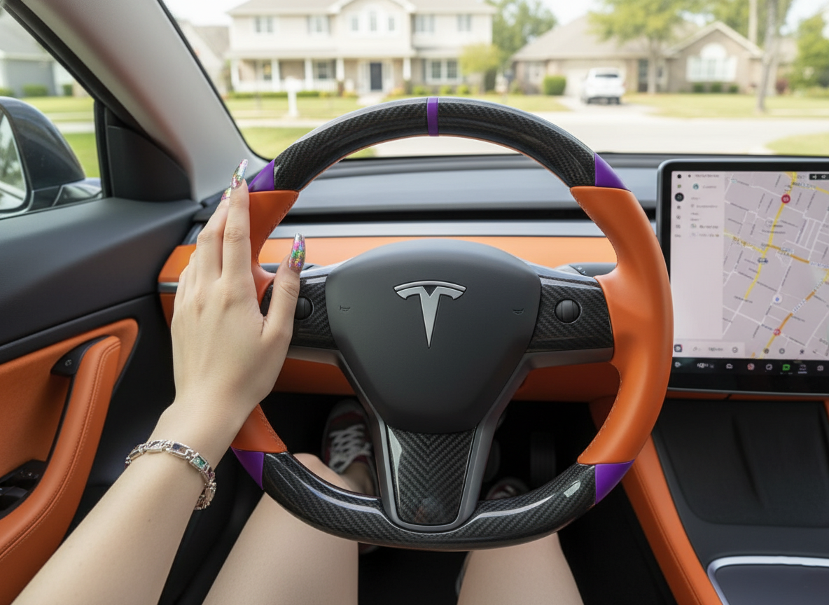 Orange and purple leather black carbon fiber Tesla Model Y steering wheel - DYNA (2020-2024) Axeco