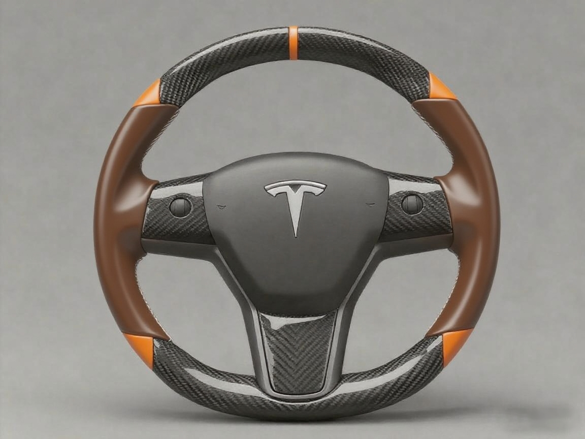 Brown and orange Carbon Fiber Tesla Model 3 Custom Steering Wheel -DYNA(2017-2023.9) Axeco