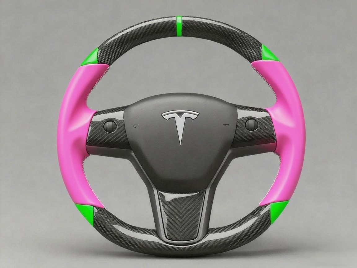 Pink and green leather black carbon fiber Tesla Model Y steering wheel - DYNA (2020-2024) Axeco