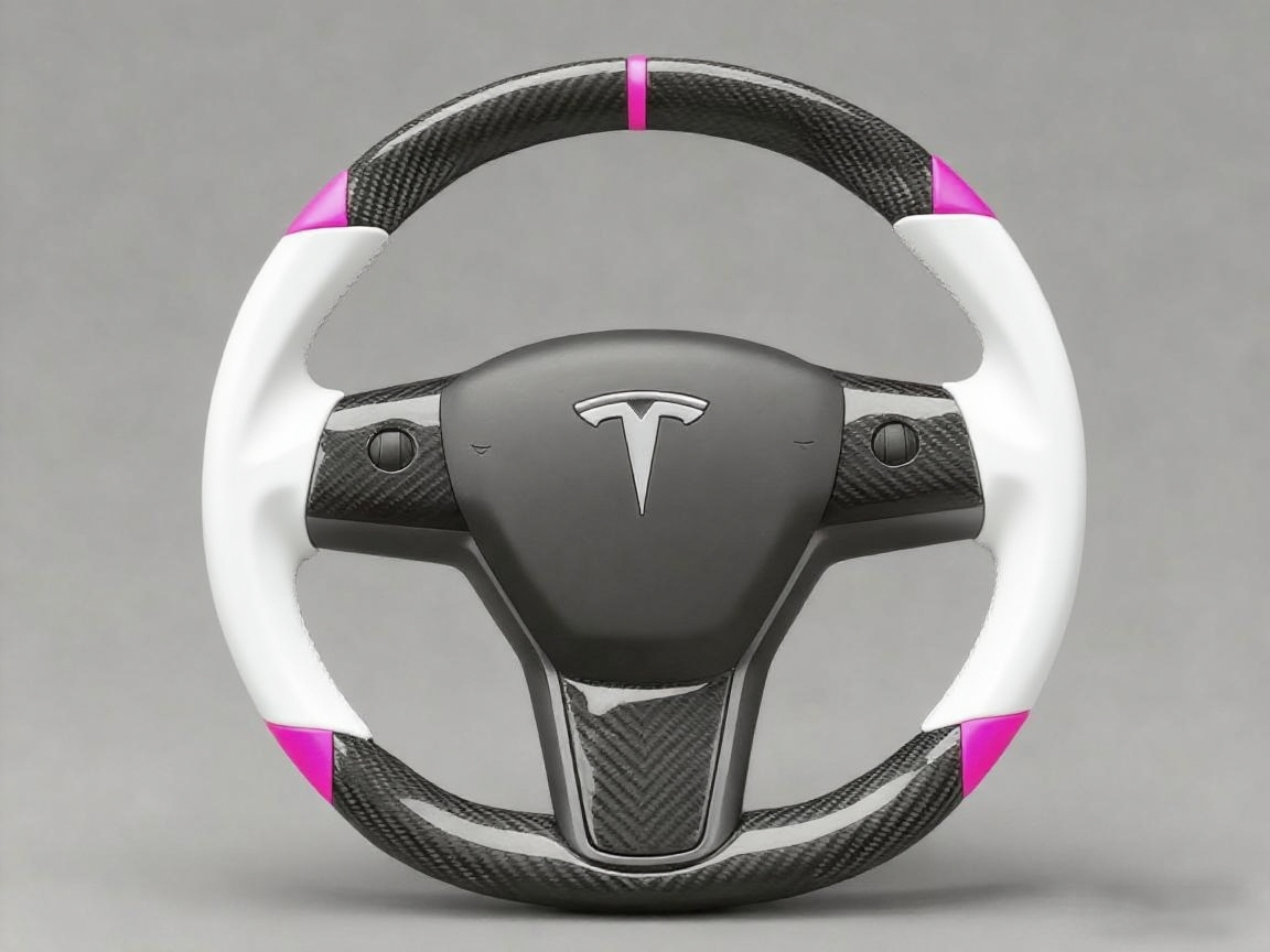 White and pink Carbon Fiber Tesla Model 3 Custom Steering Wheel -DYNA(2017-2023.9) Axeco