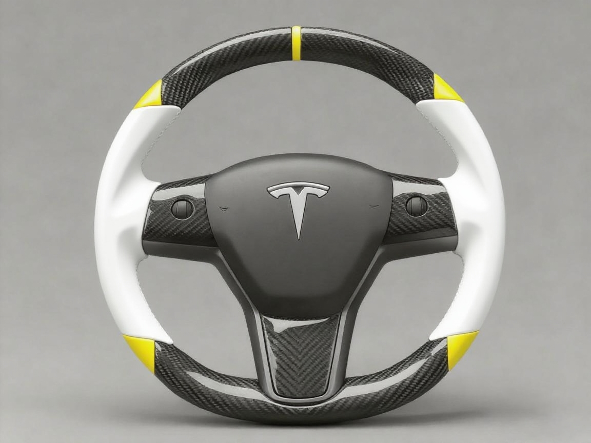 White and yellow Carbon Fiber Tesla Model 3 Custom Steering Wheel -DYNA(2017-2023.9) Axeco