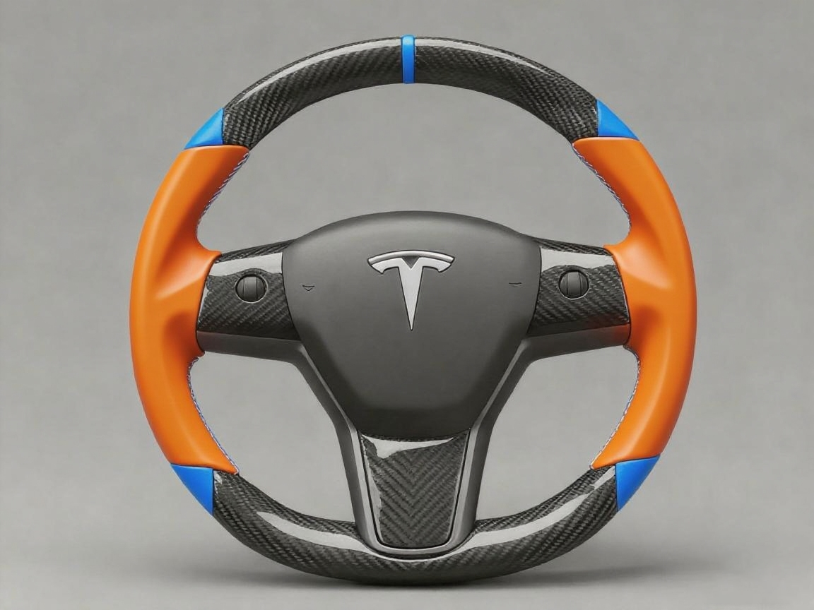Orange and blue leather black carbon fiber Tesla Model Y steering wheel - DYNA (2020-2024) Axeco