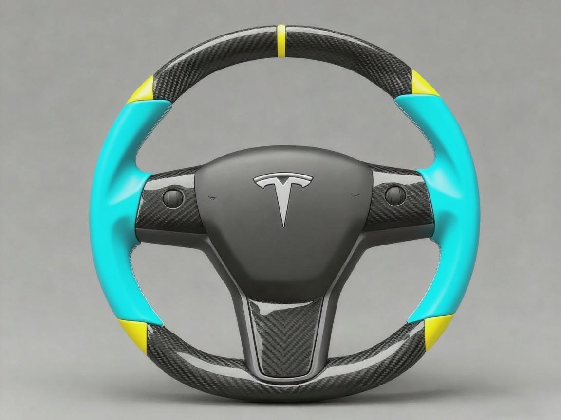 Light blue and yellow Carbon Fiber Tesla Model 3 Custom Steering Wheel -DYNA(2017-2023.9) Axeco