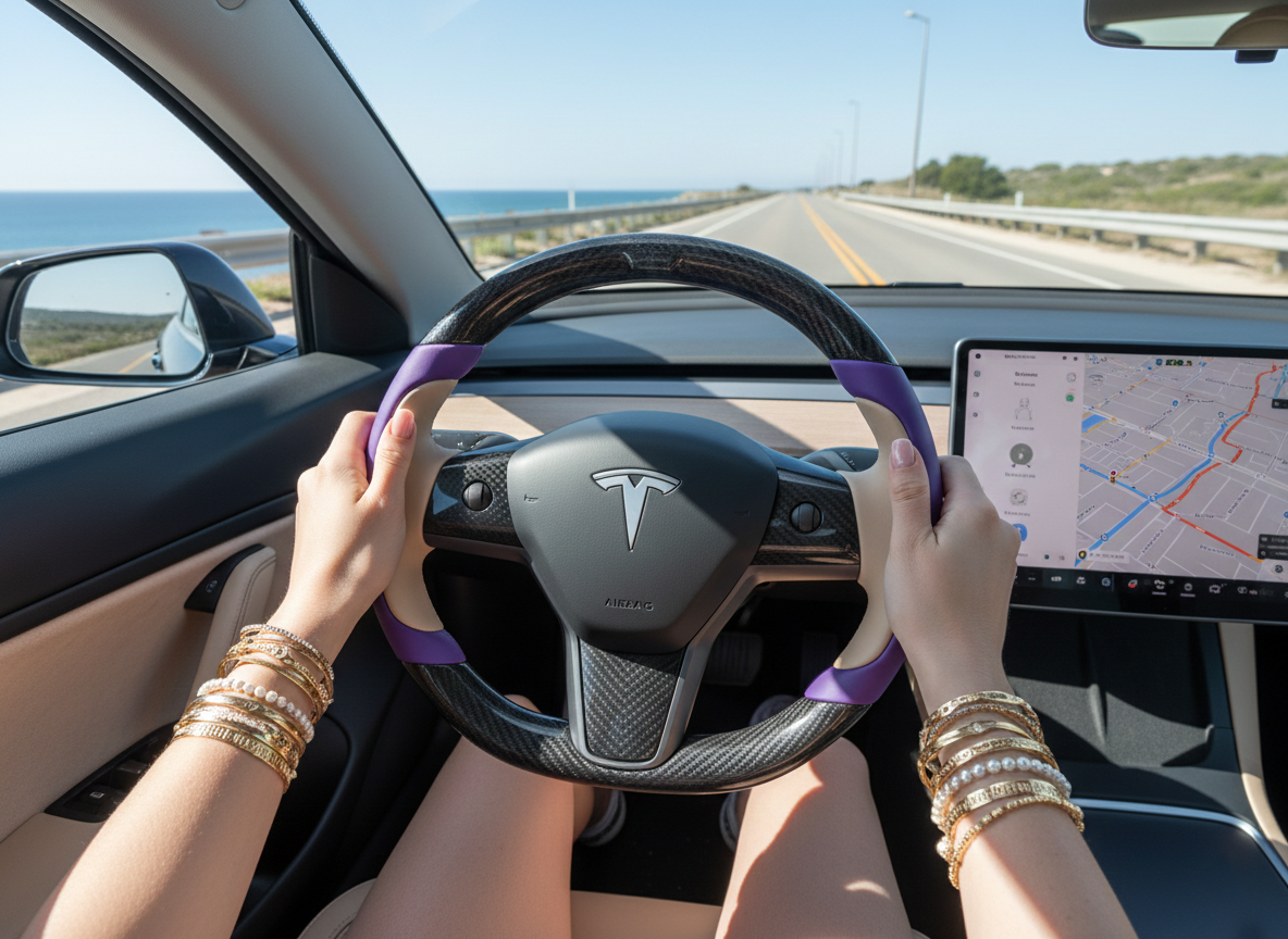 Deep purple and warm brown Carbon Fiber Tesla model 3 Steering Wheel -Track Master(2023.9+) Axeco