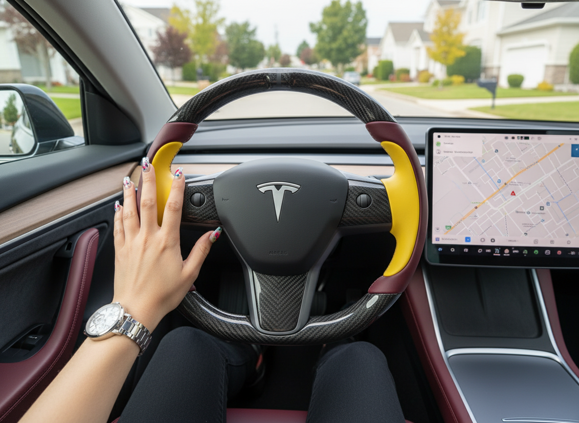 Wine red and bright yellow Carbon Fiber Tesla Model Y Steering Wheel-Track Master(2020-2024) Axeco