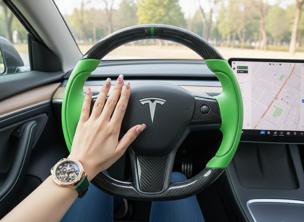 Green Leather Carbon Fiber Tesla Model 3 Steering Wheel - Track Master (2017-2023.8) Axeco