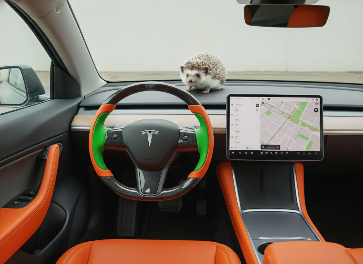 Bright orange and emerald green Carbon Fiber Tesla Model Y Steering Wheel-Track Master(2020-2024) Axeco