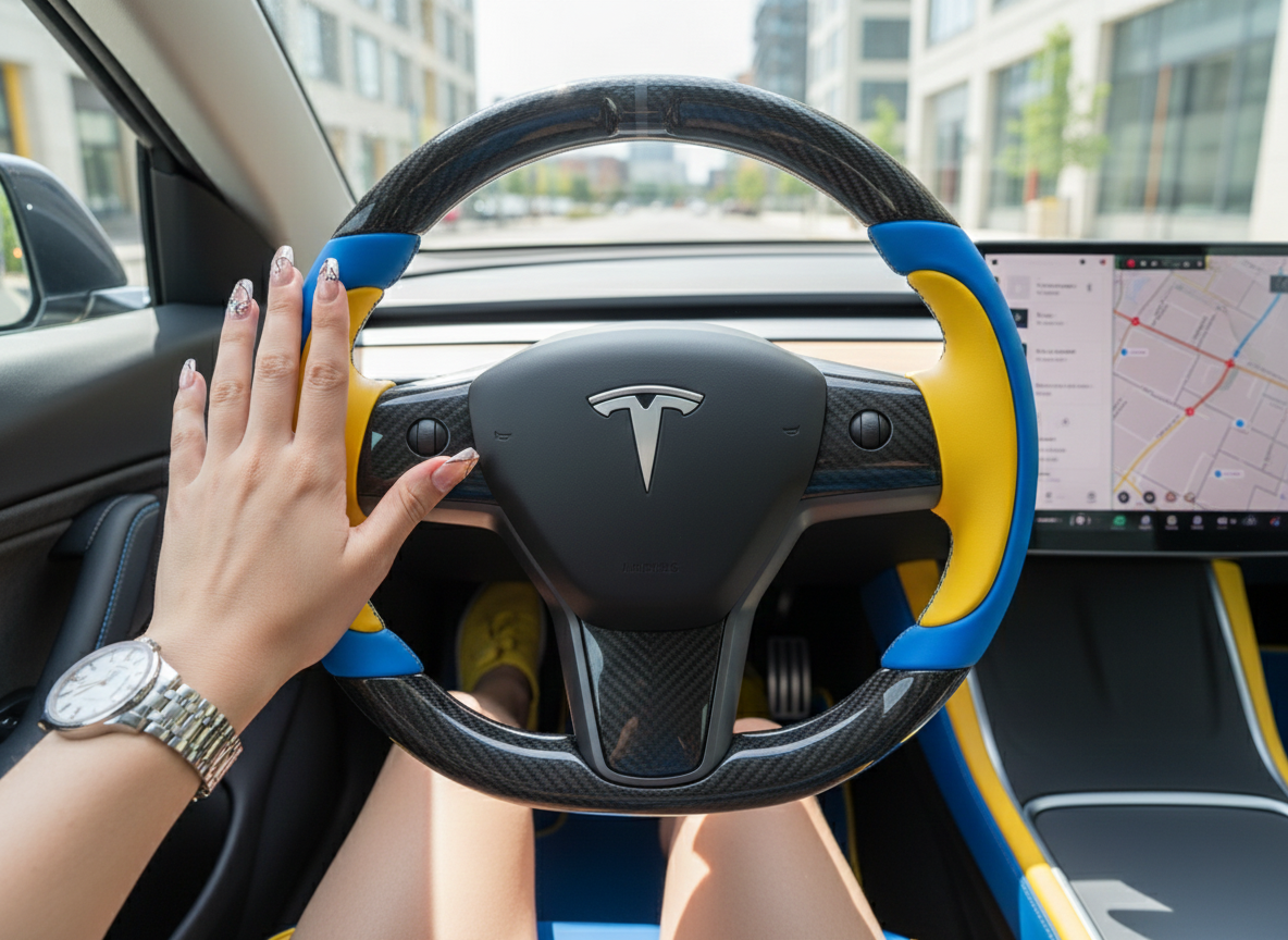 Bright blue and bright yellow Carbon Fiber Tesla Model Y Steering Wheel-Track Master(2020-2024) Axeco
