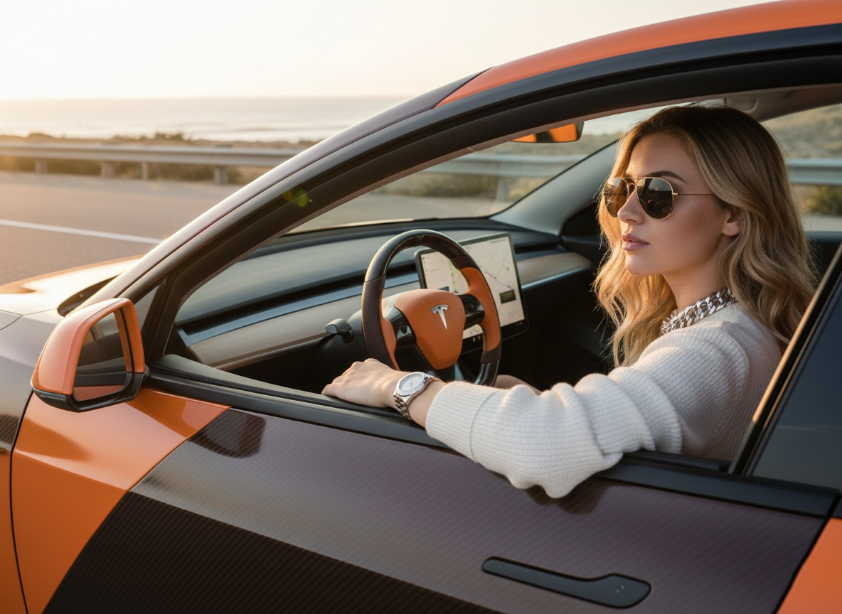 Brown-Orange Tesla Model 3 Carbon Fiber Steering Wheel-Track Master(2017-2023.8) Axeco