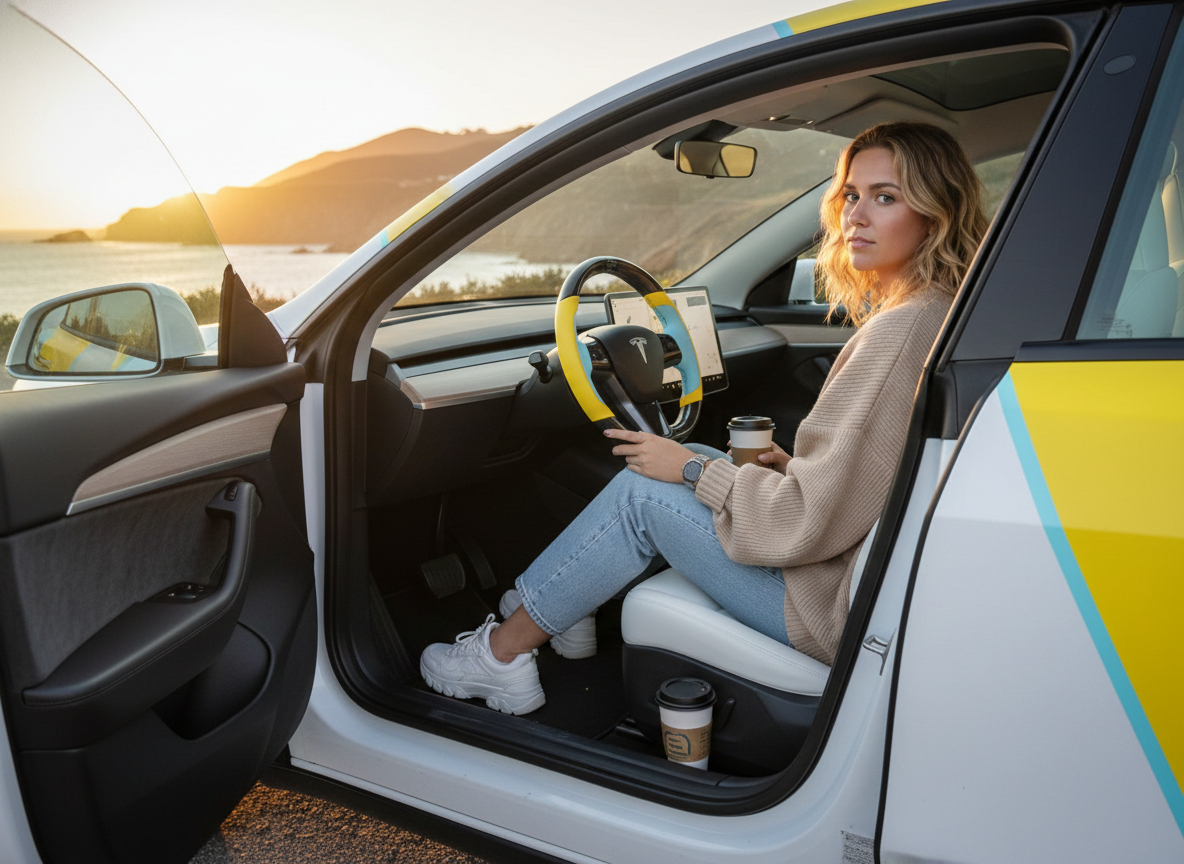 Yellow and light blue Carbon Fiber Tesla Model Y Steering Wheel-Track Master(2020-2024) Axeco