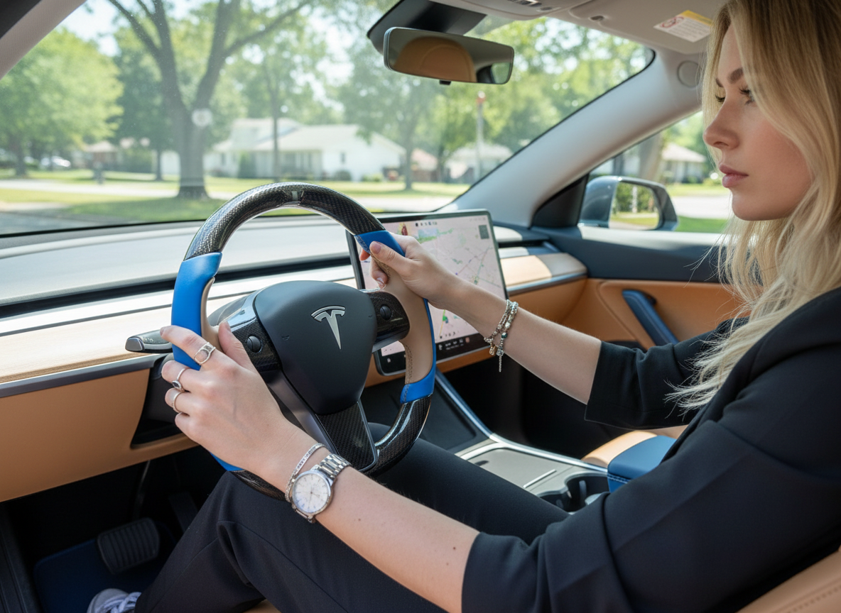 Bright blue and light brown Carbon Fiber Tesla Model Y Steering Wheel-Track Master(2020-2024) Axeco