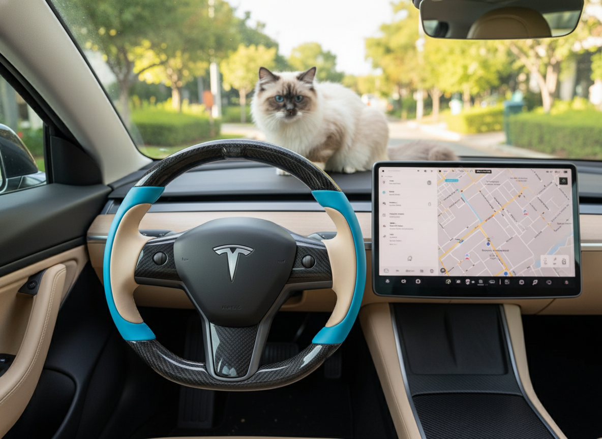 Blue and beige Carbon Fiber Tesla model 3 Steering Wheel -Track Master(2023.9+) Axeco