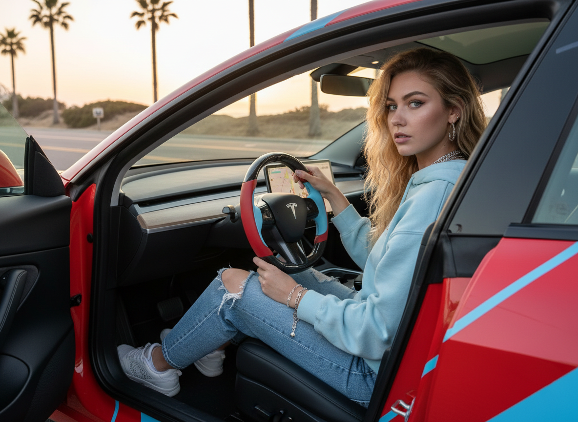 Bright red and light blue Carbon Fiber Tesla model 3 Steering Wheel -Track Master(2023.9+) Axeco