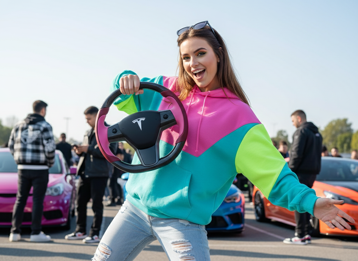 Wine red and pink Carbon Fiber Tesla Model Y Steering Wheel-Track Master(2020-2024) Axeco