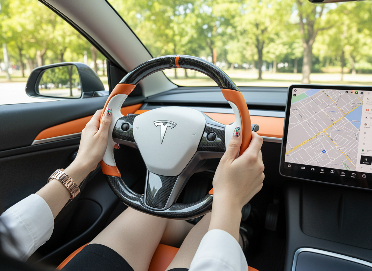 Orange-While Tesla Model 3 Carbon Fiber Steering Wheel-Track Master(2017-2023.8) Axeco