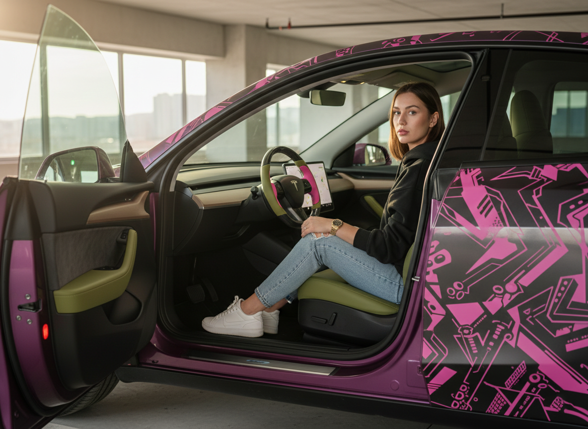 Pink and olive green Carbon Fiber Tesla Model Y Steering Wheel-Track Master(2020-2024) Axeco