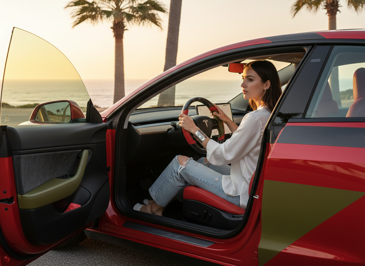 Red and green Carbon Fiber Tesla model 3 Steering Wheel -Track Master(2023.9+) Axeco