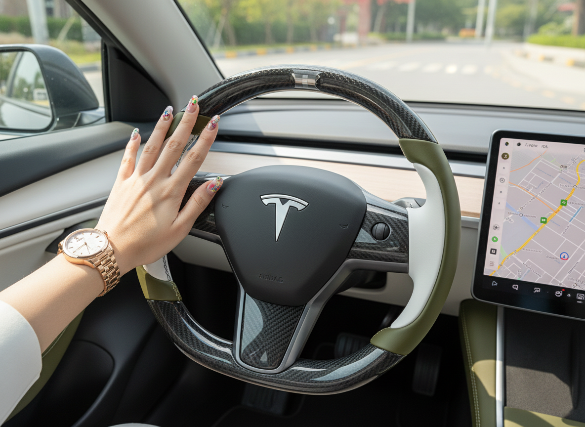 Olive green and white Carbon Fiber Tesla Model Y Steering Wheel-Track Master(2020-2024) Axeco