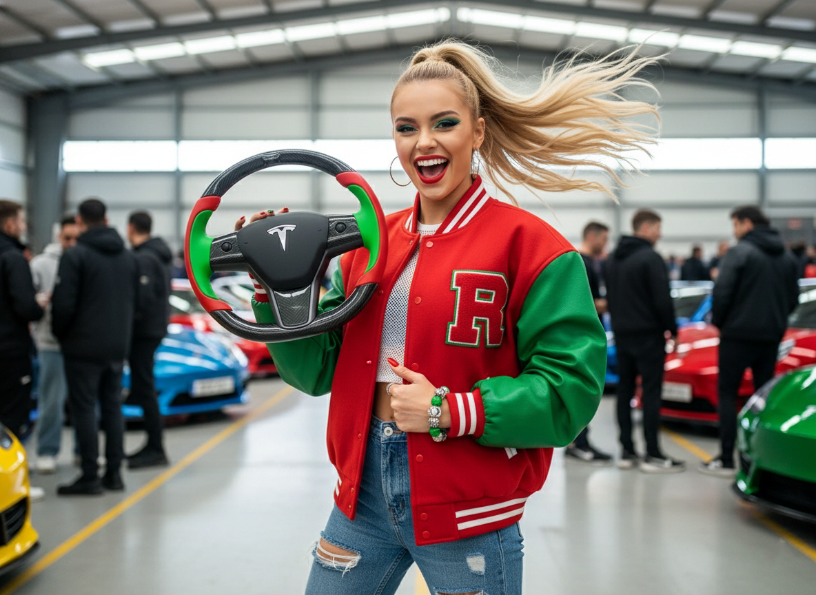 Bright red and emerald green Carbon Fiber Tesla model 3 Steering Wheel -Track Master(2023.9+) Axeco