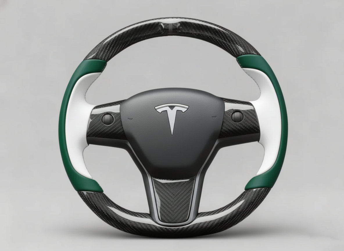 Dark green and white Carbon Fiber Tesla model 3 Steering Wheel -Track Master(2023.9+) Axeco