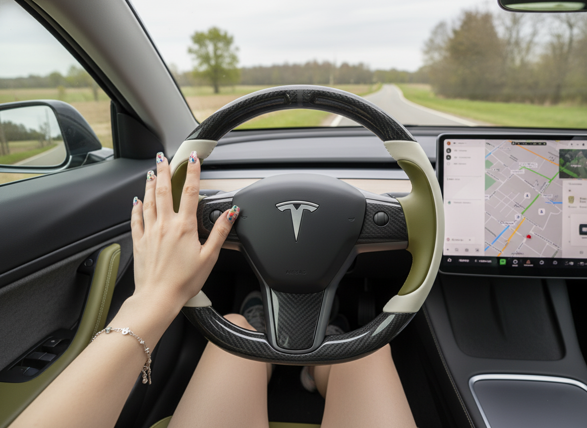 White and olive green Carbon Fiber Tesla model 3 Steering Wheel -Track Master(2023.9+) Axeco