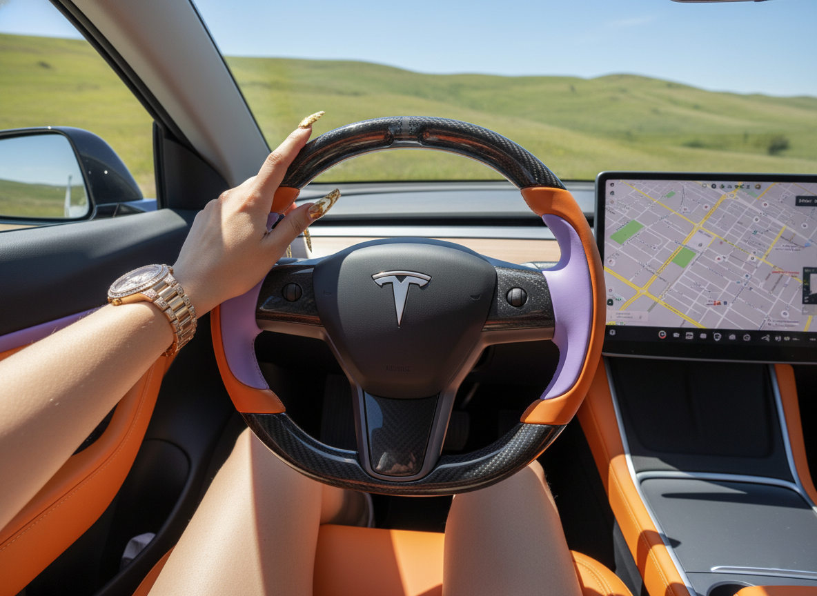 Bright orange and light purple Carbon Fiber Tesla Model Y Steering Wheel-Track Master(2020-2024) Axeco