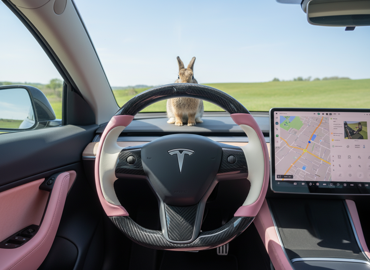 Soft pink and pure white Carbon Fiber Tesla Model Y Steering Wheel-Track Master(2020-2024) Axeco