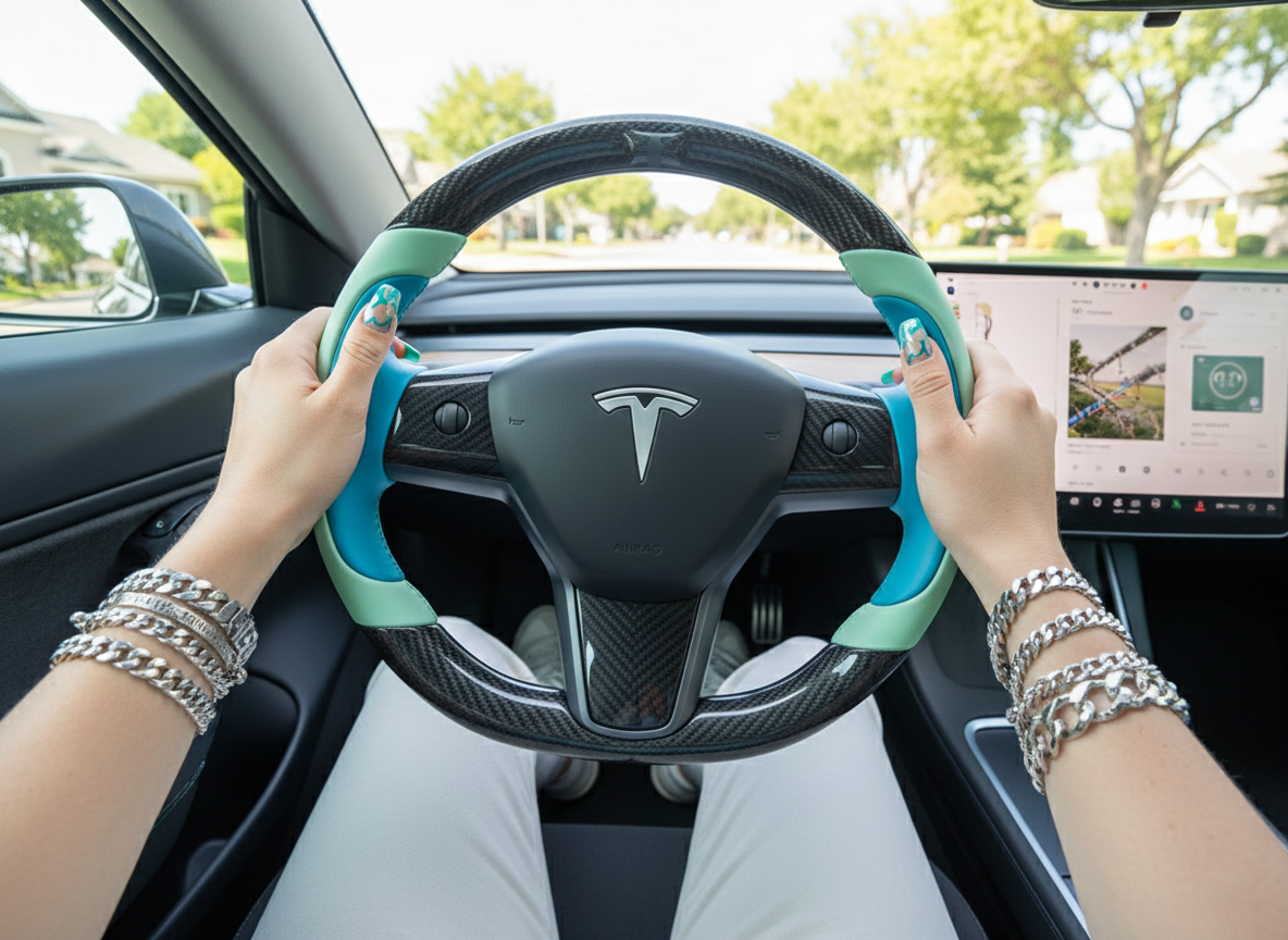 Light green and bright blue Carbon Fiber Tesla model 3 Steering Wheel -Track Master(2023.9+) Axeco