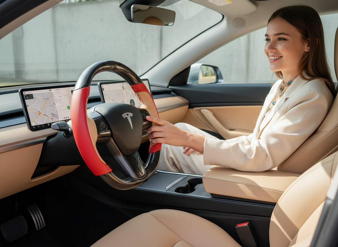 Bright red and warm brown Carbon Fiber Tesla model 3 Steering Wheel -Track Master(2023.9+) Axeco
