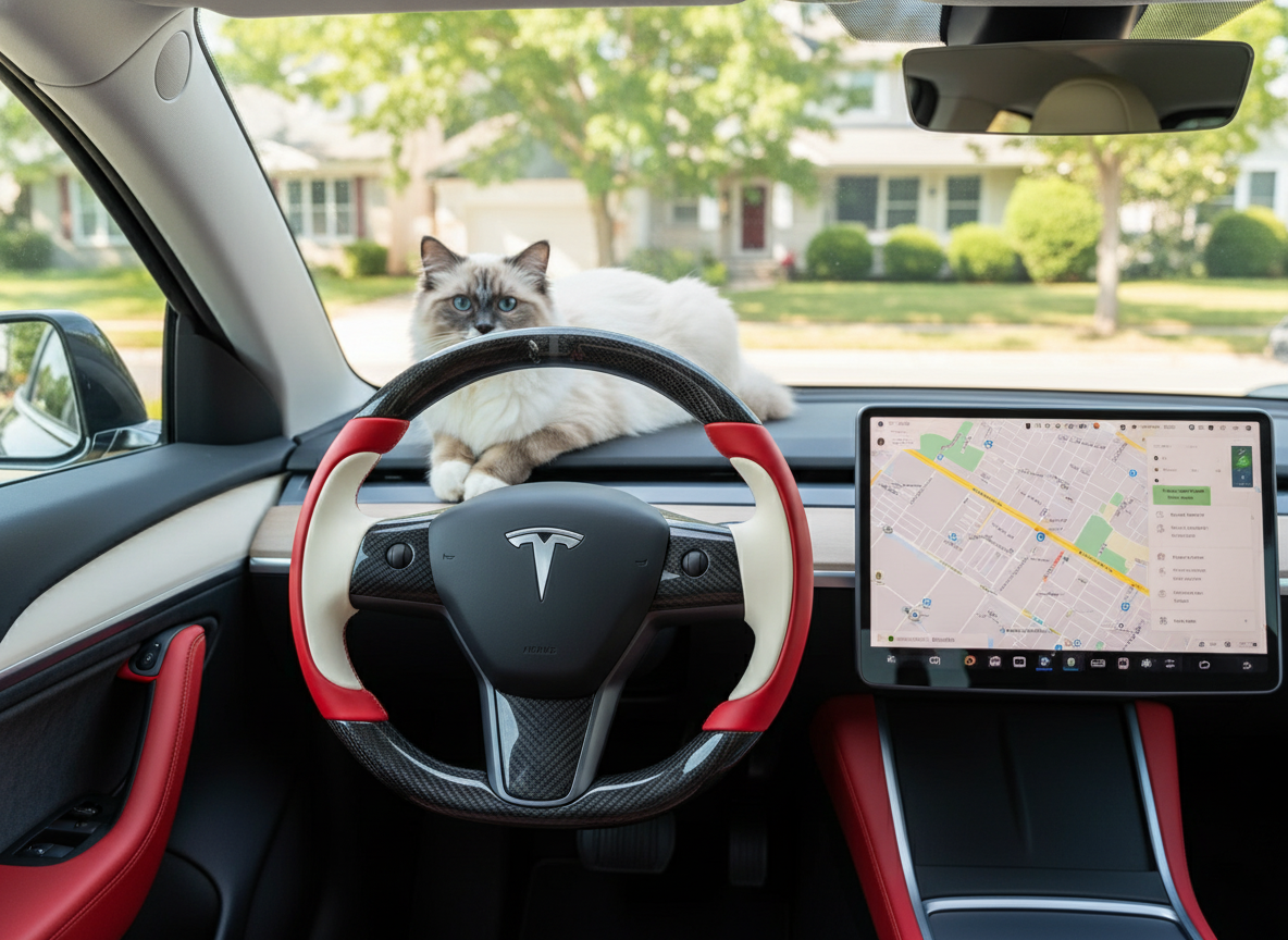 Red and off-white Carbon Fiber Tesla Model Y Steering Wheel-Track Master(2020-2024) Axeco