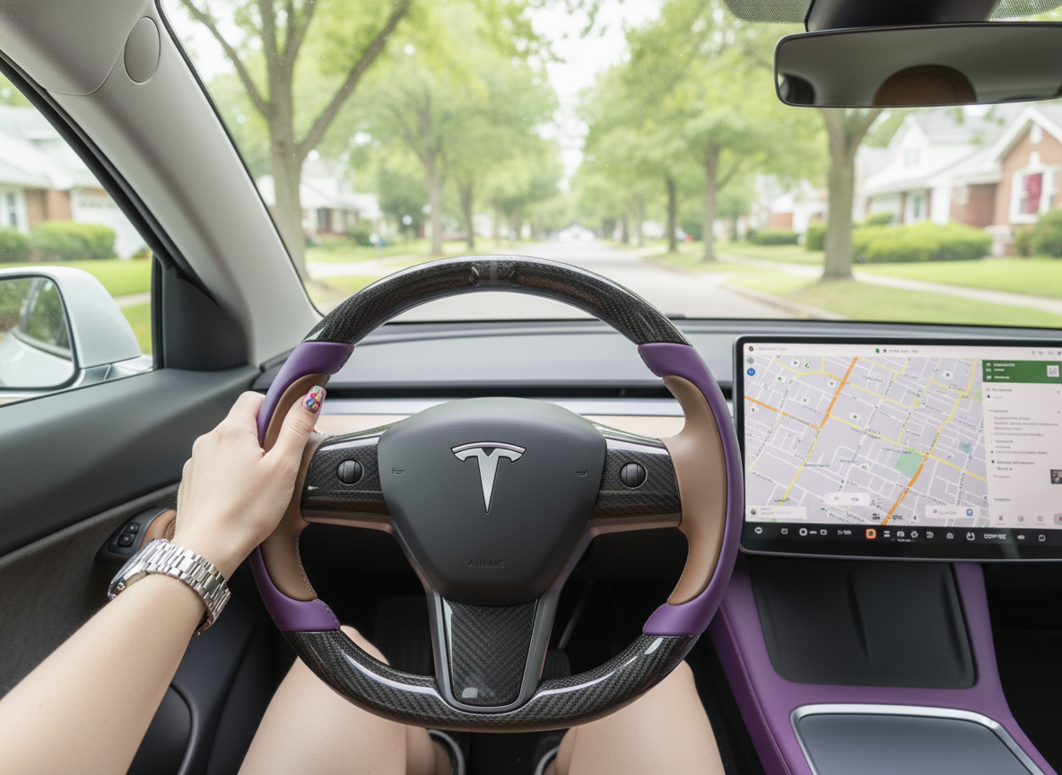 Purple and light brown Carbon Fiber Tesla Model Y Steering Wheel-Track Master(2020-2024) Axeco