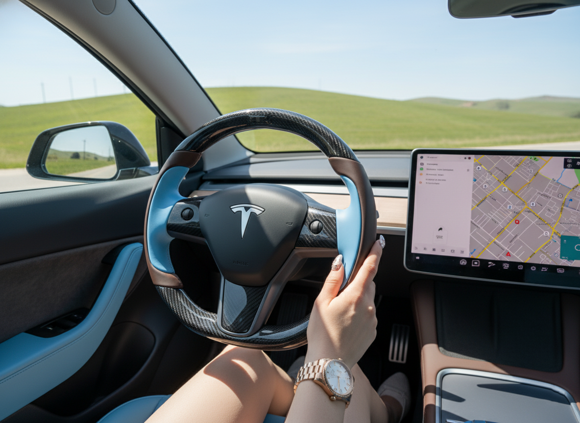 Brownish and light blue Carbon Fiber Tesla Model Y Steering Wheel-Track Master(2020-2024) Axeco