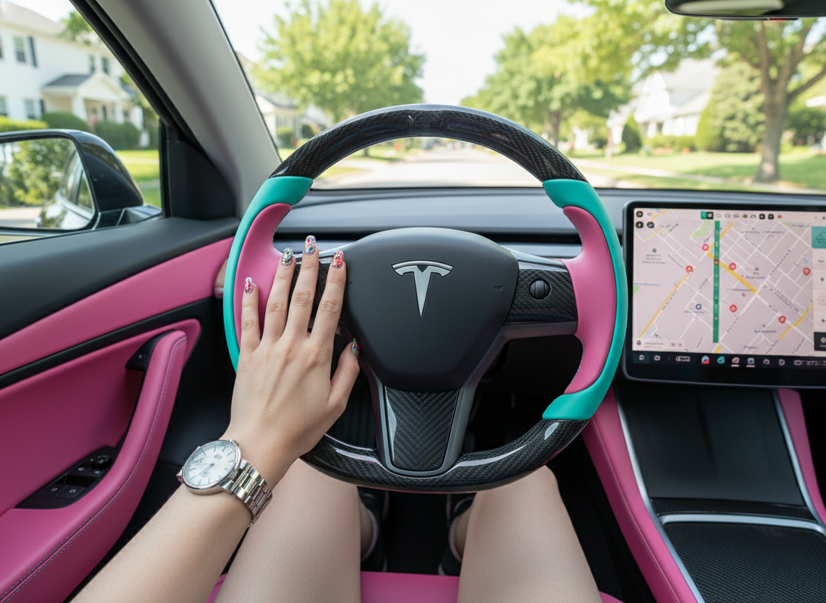 Mint green and pink Carbon Fiber Tesla Model Y Steering Wheel-Track Master(2020-2024) Axeco