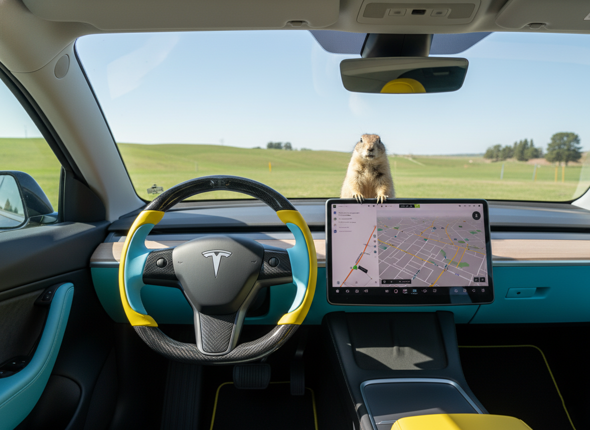 Yellow and light blue Carbon Fiber Tesla Model Y Steering Wheel-Track Master(2020-2024) Axeco