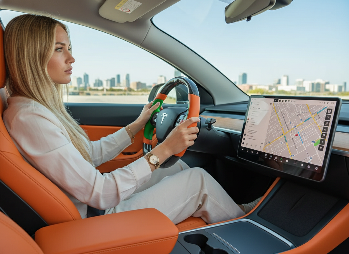 Bright orange and emerald green Carbon Fiber Tesla Model Y Steering Wheel-Track Master(2020-2024) Axeco