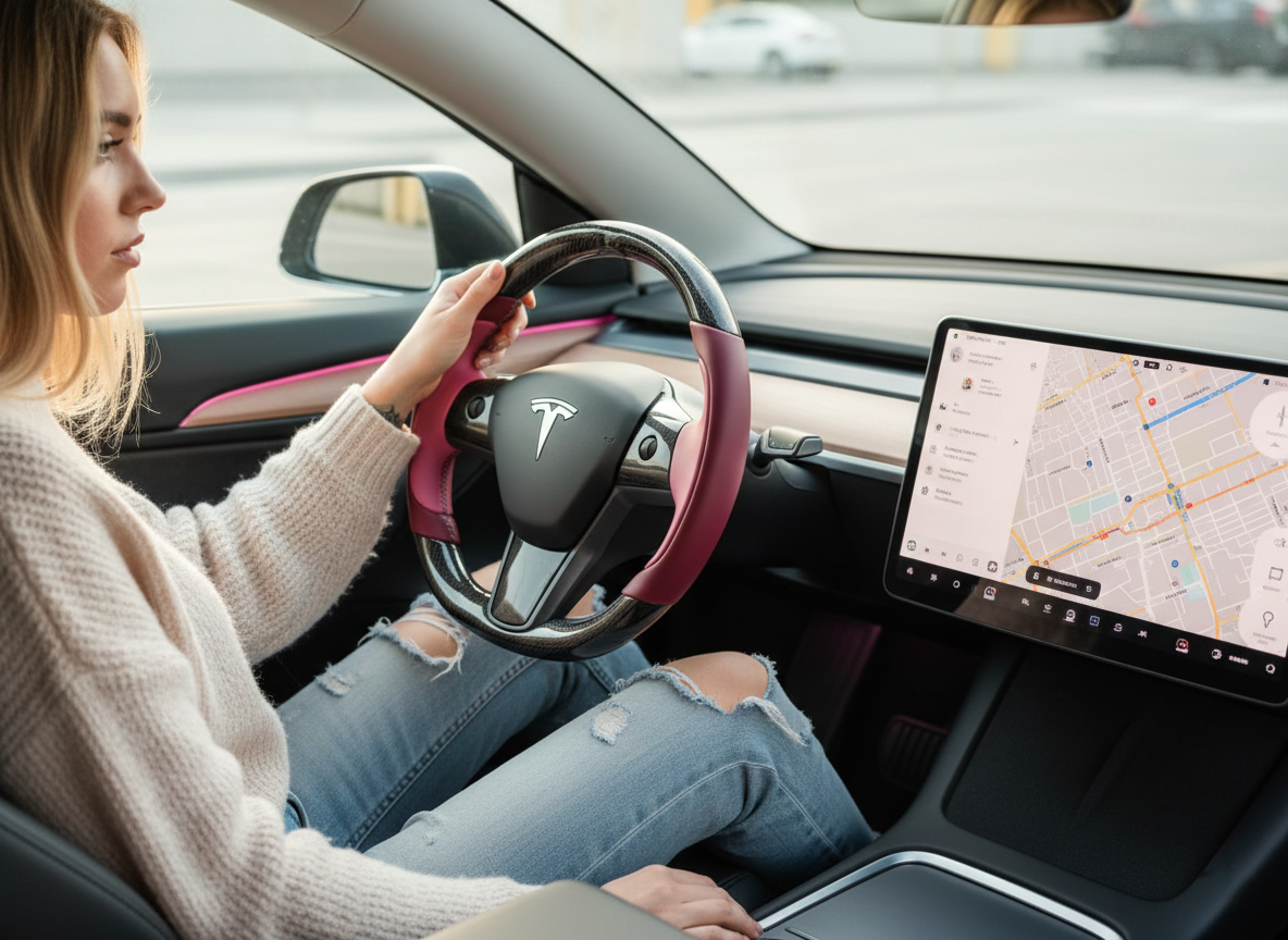 Wine red and pink Carbon Fiber Tesla Model Y Steering Wheel-Track Master(2020-2024) Axeco