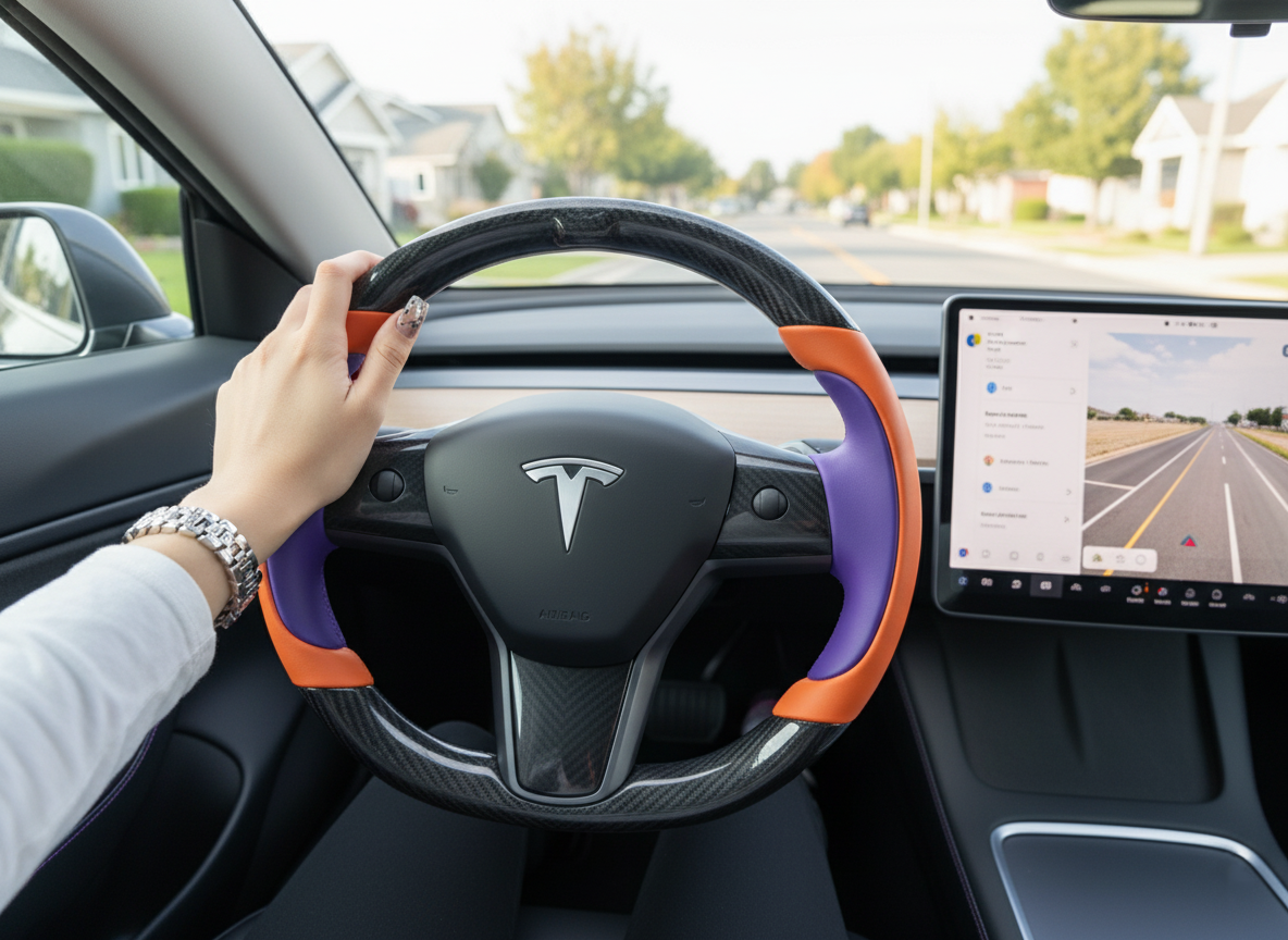 Bright orange and deep purple Carbon Fiber Tesla model 3 Steering Wheel -Track Master(2023.9+) Axeco