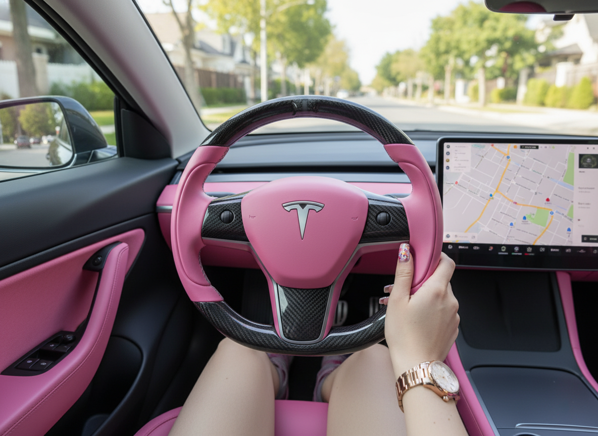 Light pink and black carbon fiber Tesla Model 3 steering wheel - Track Master (2017-2023.8) Axeco